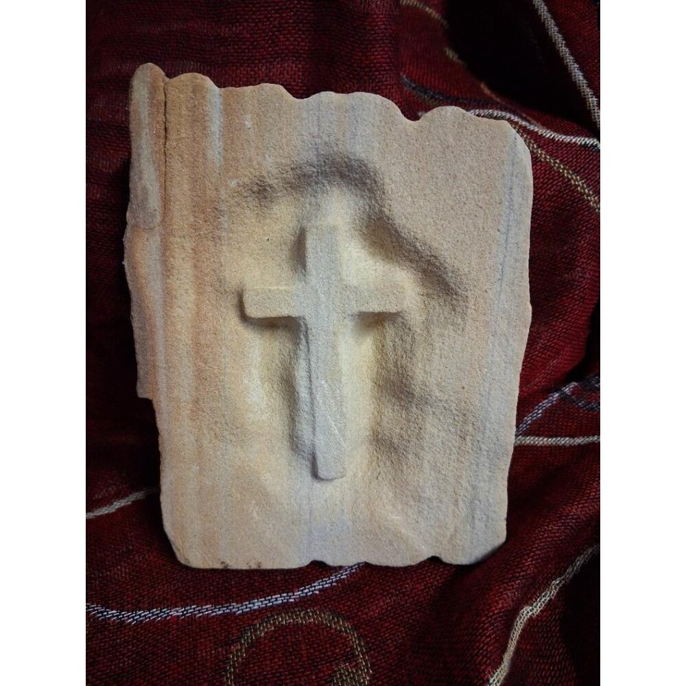Hand-Carved Sandstone Cross Relief Wall Plaque 4-1/2" X 3-1/2" Rustic Decor
